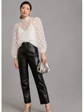Anthropologie Flat White Sheer White Polka Dot Tie-Neck Blouse